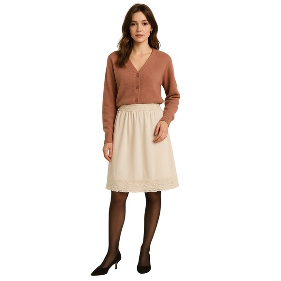 VINTAGE Ivory Lace Trim Slip Skirt Midi Length Feminine Cottagecore - Picture 1 of 8